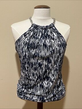 Michael Kors Navy and White Chain-Neck Halter Camisole size S